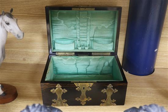 A Victorian coromandel and brass box, two lions and an inkwell height 15cm width 28cm